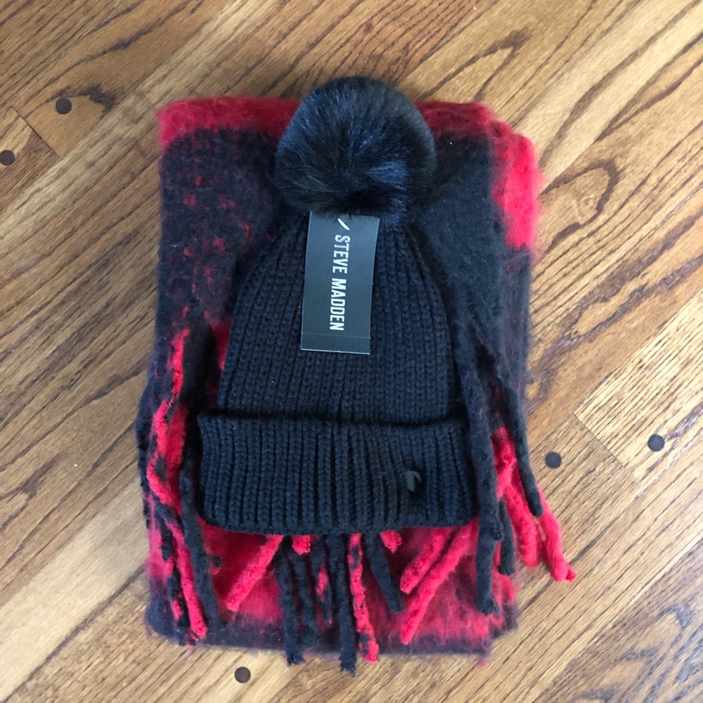 Steve Madden Scarf and Hat Set - Buffalo Red Plaid